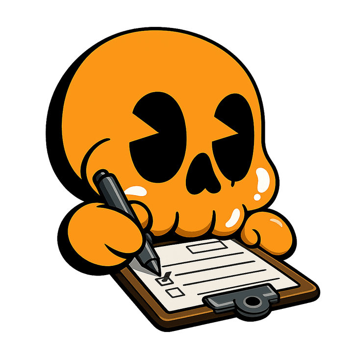 Skully, the SimplCarz mascot, filling in a service record on a clipboard